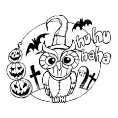 Creepy owl with witch hat and crazy smile in graveyard with pumpkins and bats, halloween theme black and white cartoon