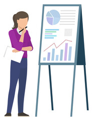 Woman with pen and paper notebook thinking about trades and sales depicted on board with graphs and charts. Vector business person and thoughts how to rich success