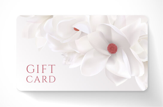 Gift Card With Beautiful Realistic Magnolia White Flower Isolated On Clean Background. Template Useful For Wedding Design, Women Shopping Card, 8 March