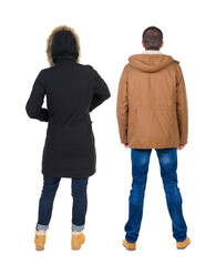 Back view of couple in winter jacket.