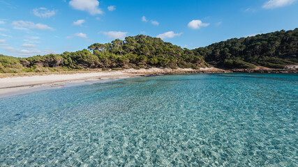 trebaluger beach, abandoned paradise beache in Menorca, a Spanish Mediterranean island, after the covid 19 coronavirus crisis