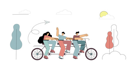  People ride a tandem bike. Walk, entertainment, nature, holiday adventure Vector illustration