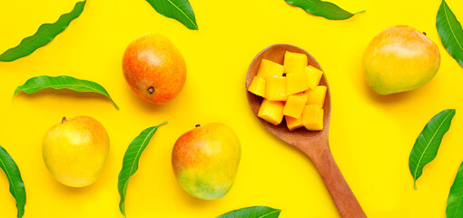 Tropical fruit, Mango on yellow background.