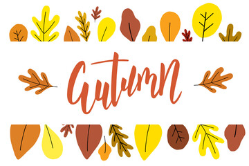 Autumn brush hand lettering text with leaves