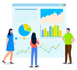 Man and woman communicating with webpage for online learning. Teamwork cooperation and discussion graph report on web icon. Male and female brainstorming with business infochart presentation vector