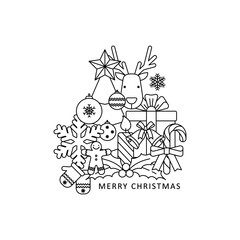 Christmas coloring. Winter holiday pattern, new year card, design element for greetings or invitations. New Year poster, contour drawing.