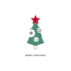 Christmas tree with star and balls. Isolated icon of a winter holiday. Color new year vector print.