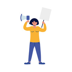 young woman protesting with megaphone and placard