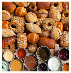 Сollage of different kinds of bread, donat and souce. Vector food illustration.