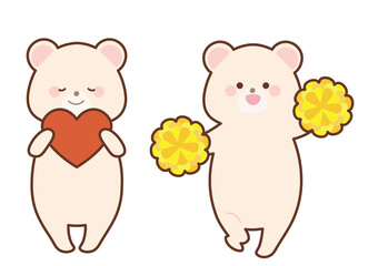シロクマイラストセット　ポンポンを持って応援する白くまとハートを持つ白くま　主線あり