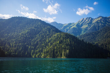 Fototapeta na wymiar beautiful blue lake high in the mountains