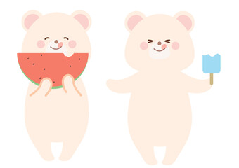 シロクマイラストセット　スイカを食べる白くまとアイスを食べる白くま　主線なし