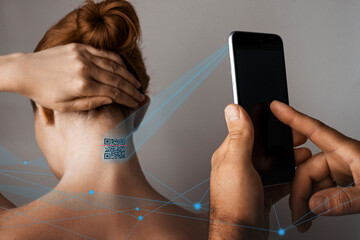 young woman with code on the back of her head and men's hands that hold a smartphone and scan the code. for identification. Mass chipization of the population, technologies of the future.