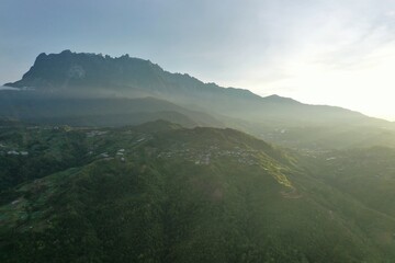 Morning fresh scenery with green nature and Mount Kinabalu view. 