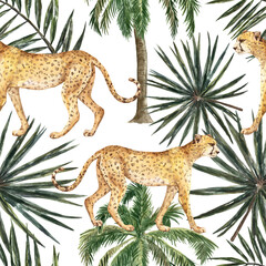 Watercolor jungle seamless pattern with hand drawn leopard or cheetah and green tropical plants, trees and leaves on white background. Summer print with wild african animal. © Anna Nekotangerine