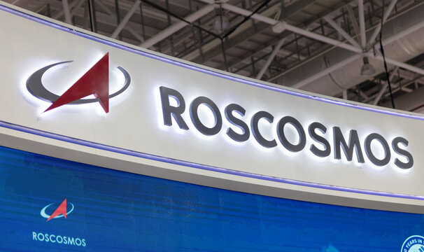 ZHUHAI, CHINA- NOVEMBER 6, 2018: ROSCOSMOS sign is seen at the 12th China International Aviation and Aerospace Exhibition 