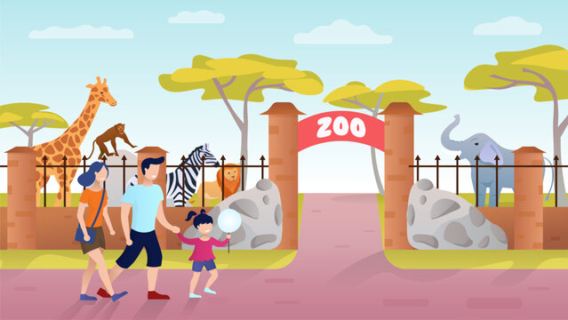Zoo Entrance. Family on the weekend outdoor. Giraffe, Elephant, Monkey, Zebra. Exotic african animals. Young couple with baby on vacation. Happy childhood. Amusement Flat Cartoon Vector Illustration