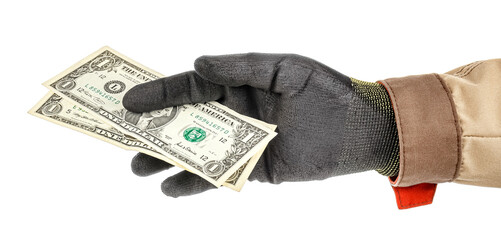 Worker hand in black protective glove and brown uniform holding two banknotes of american dollar isolated on white background
