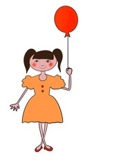 A little girl in an orange dress with ponytails with red balloon in her hand.