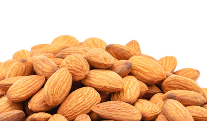 Almonds nuts isolated on white background, Health food with good fats and down aging, Antioxidants and lower cholesterol levels, Selective focus.