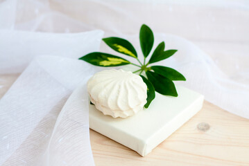 Marshmallow. Vanilla sweet homemade marshmallows. Light composition. Sweet delicious dessert.