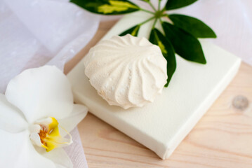 Obraz na płótnie Canvas Marshmallow. Vanilla sweet homemade marshmallows. Light composition. Sweet delicious dessert.