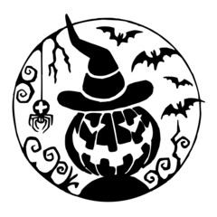 Halloween pumpkin lantern with crazy smile and witch hat, spider and flying bats in full moon, scary black and white cartoon