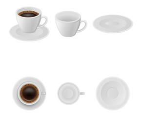 Isolated coffee cups. Empty and full cups of coffee. 