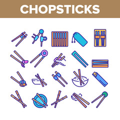 Naklejka na ściany i meble Chopstick Utensil Collection Icons Set Vector. Chopstick Bamboo Wooden Kitchenware For Eating In Oriental Restaurant Sushi And Rice Color Illustrations
