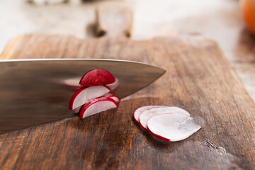 Sliced radish on a wooden Board.