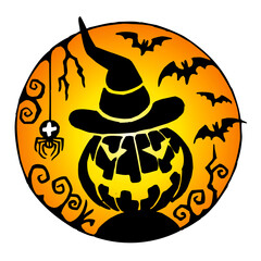 Halloween pumpkin lantern with crazy smile and witch hat, spider and flying bats in full moon, scary color cartoon
