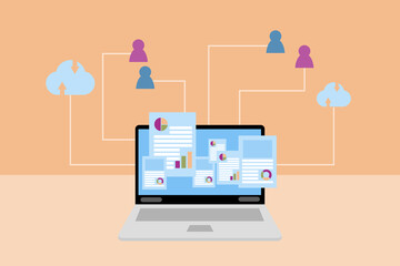 Fototapeta na wymiar Webinar or e-learning concept. Laptop and cloud storage data icon, pink and blue person icon on orange background. Internet connection for meeting and study online. Work and study from home.