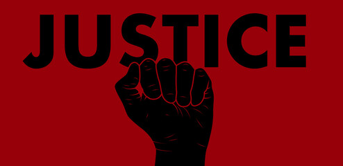 word justice on red background with black fist below