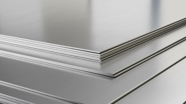 Steel sheets in warehouse, rolled metal product.