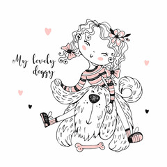 Cute girl playing with her shaggy friend doggie. Vector