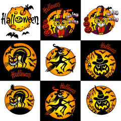 Halloween set of scary icons with witch, black cat, pumpkin lantern, owl, graveyard and full moon with bats, color cartoon