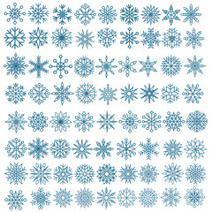 Flat snowflakes. Winter snowflake crystals, christmas snow shapes and frosted cool blue icon, cold xmas season frost snowfall decoration. Vector isolated symbol set