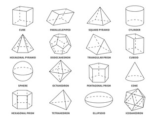 Geometric 3d line shapes. Geometry linear forms triangle, tetrahedron and cone, sphere and pyramid, hexagonal and prism objects vector set