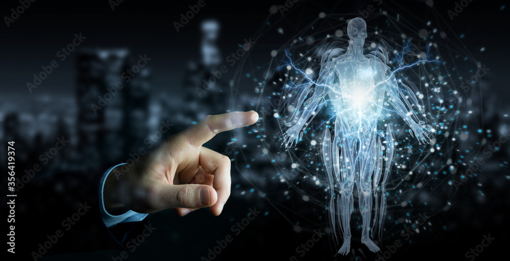 Poster man hand using digital x-ray human body holographic scan projection 3d rendering