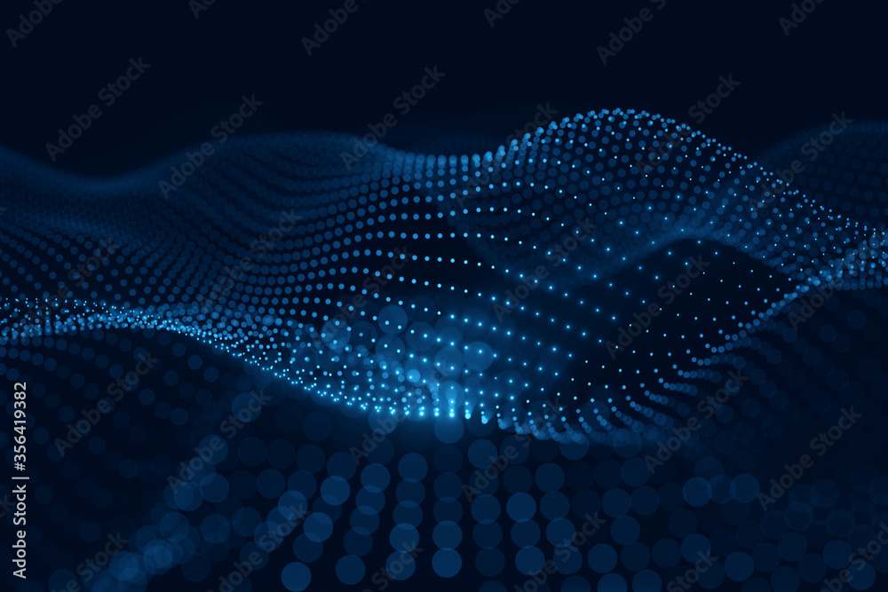 Aufkleber Moving neon blue dots pattern forming a digital network connection on dark background