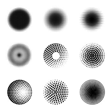 Radial halftone. Different gradient circles, halftone dots graphic digital technology texture, stippling perforated abstract vector elements