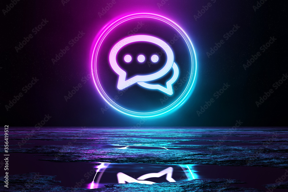 Poster holographic icon in holographic icon illuminating the floor with blue and pink neon light 3d renderi