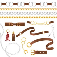 Belt elements. Metal chains, pendant and braid, leather belts with buckle, strap female accessories isolated vector set