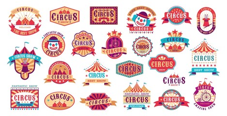 Circus retro labels. Vector carnival event stickers for invitation, vintage show framing shapes - obrazy, fototapety, plakaty