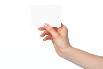 Woman's hand with blank white business card isolated on white