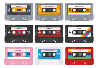 Obraz premium Set of audio cassette tape flat illustrations isolated on white background.