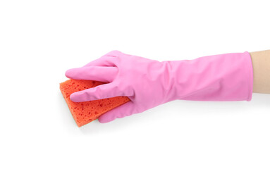 Person in rubber glove with sponge on white background, closeup of hand