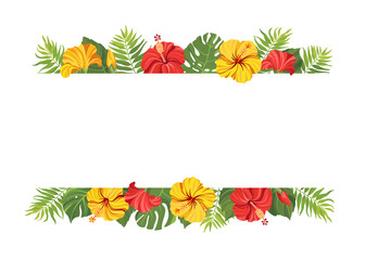 Red tropical flowers and green leaves frame template. Hibiscus floral border with place for text. Vector illustration.
