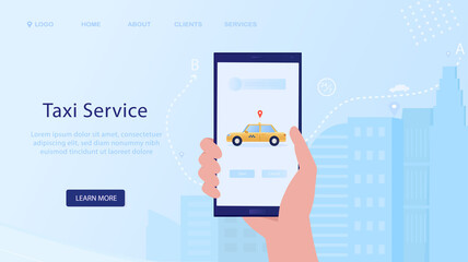 Online taxi service. Ordering a car via smartphone. Taxi ordering app. Landing Page with hand and with city silhouette on background. Taxi Tracking Online Taxi Available City. Flat Illustration Vector