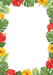 Red tropical flowers and green leaves frame template. Hibiscus floral border with place for text. Vector illustration.